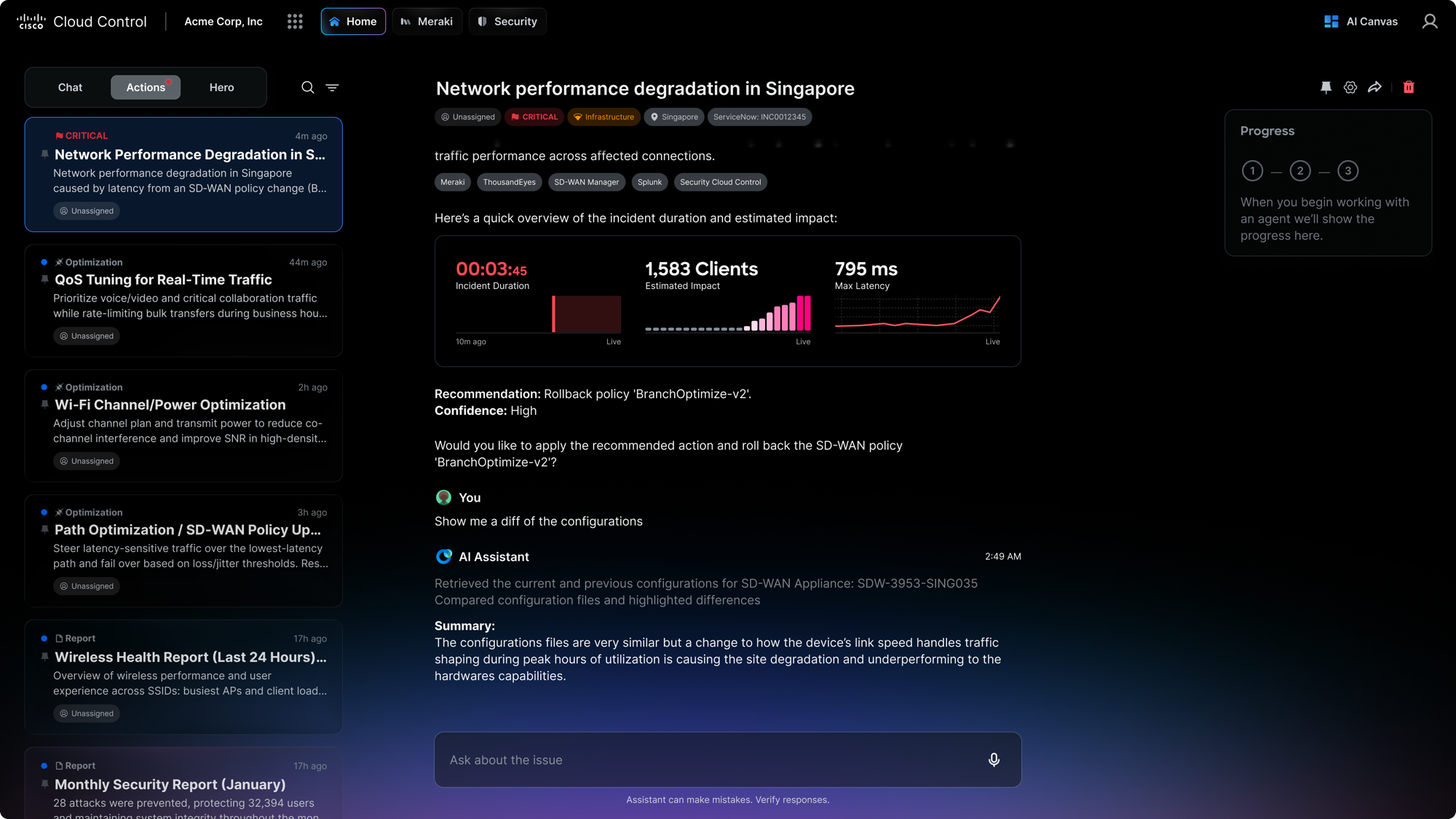 Cisco Cloud Control - incident detail, AI assistant, and AI Canvas